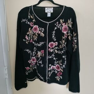 Heirloom Collectibles Floral Embroidered Black Knit Sweater Cardigan CL Wedding